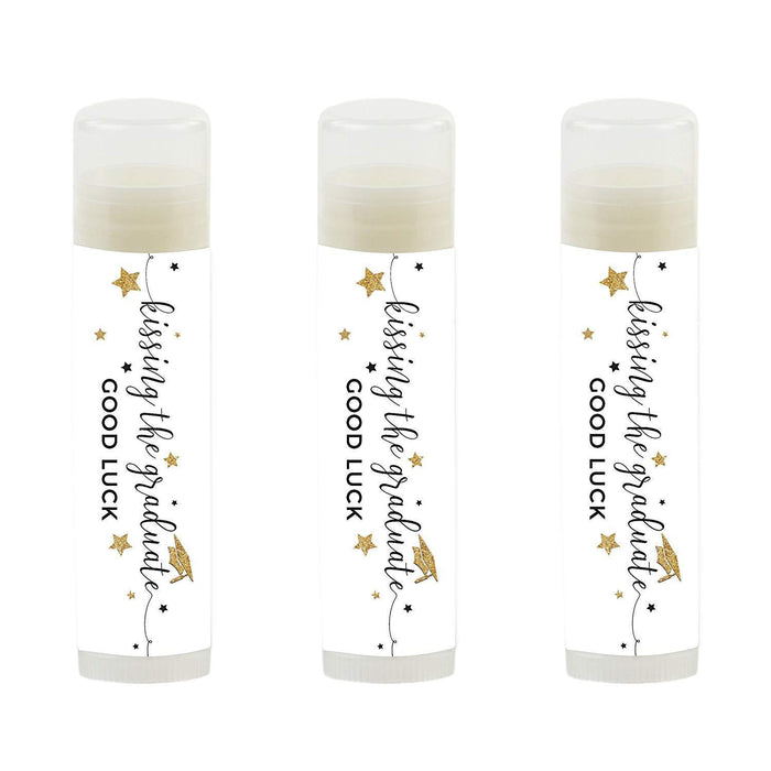 Kissing The Graduate Good Luck! Lip Balm Favors-Set of 12-Andaz Press-White and Gold Glittering-
