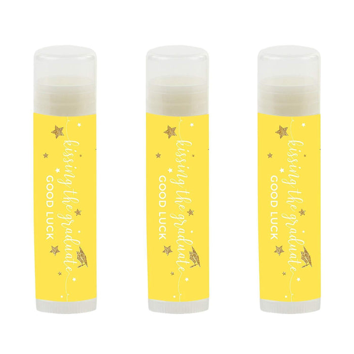 Kissing The Graduate Good Luck! Lip Balm Favors-Set of 12-Andaz Press-Yellow and Gold Glittering-