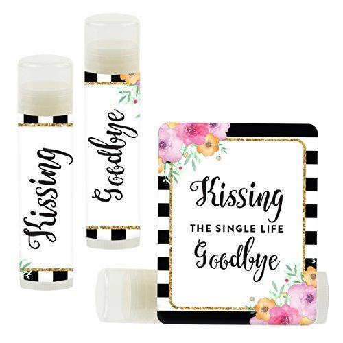 Kissing The Single Life Goodbye, Party Lip Balm Favors-Set of 12-Andaz Press-Floral Gold Glitter Print with Black White Stripes-
