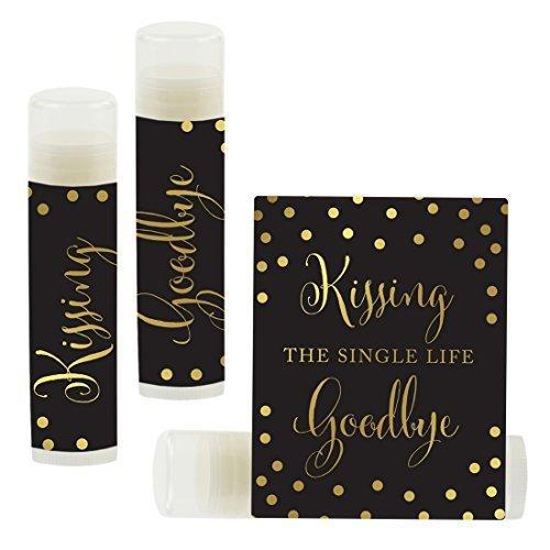 Kissing The Single Life Goodbye, Party Lip Balm Favors-Set of 12-Andaz Press-Metallic Gold Ink on Black-