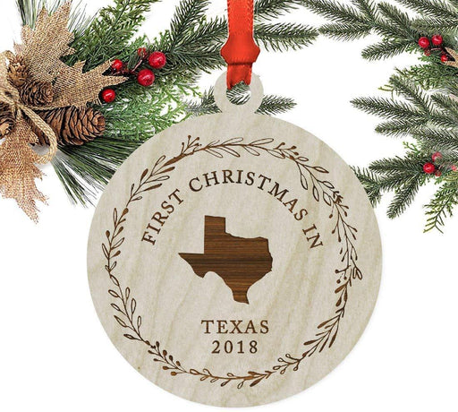 Laser Engraved Wood Christmas Ornament, First Christmas in Texas, Custom Year-Set of 1-Andaz Press-