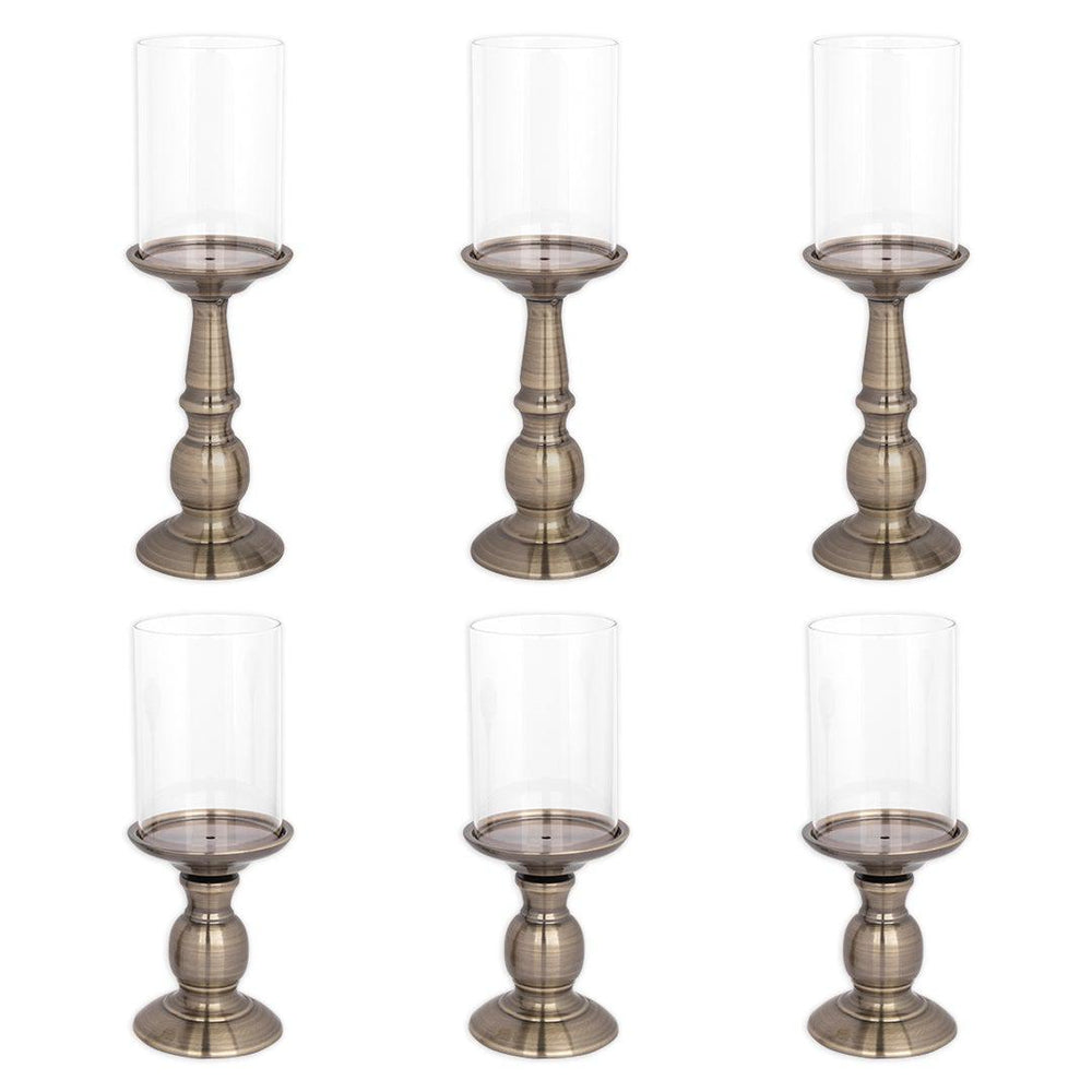 Metal Pillar Candle Holders with Hurricane Glass Included, Set of 6-Set of 6-Koyal Wholesale-Antique Brass-