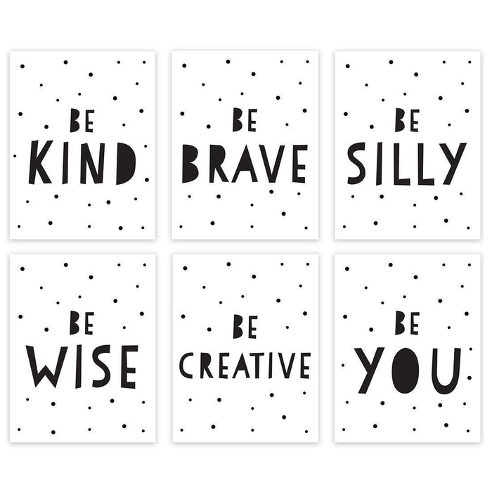 Minimalist Scandinavian Black White Theme Nursery Room Wall Art-Set of 6-Andaz Press-Be Kind Brave Silly Wise Creative You-