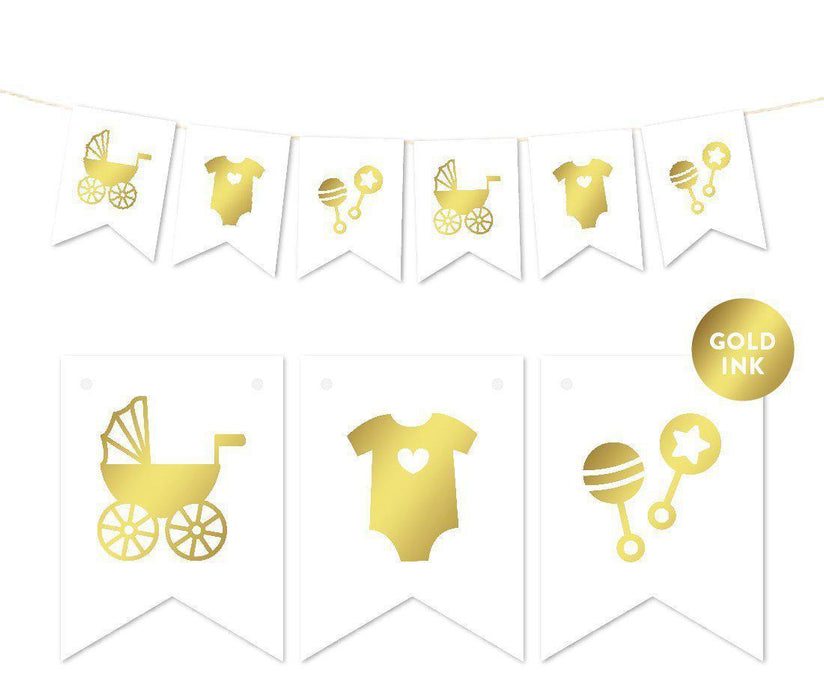 Pennant Party Banner Baby Shower Rattles Carriage Onesie-Set of 1-Andaz Press-Gold-