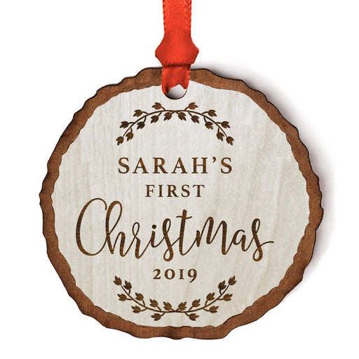 Personalized Baby 1st Christmas Real Wood Keepsake Christmas Ornament-Set of 1-Andaz Press-Sarah's First Christmas-