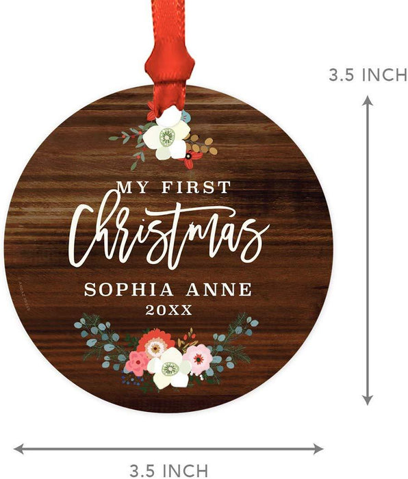 Personalized Baby's 1st Christmas Metal Ornament, My First Christmas, Custom Name, Custom Year, Rustic Wood Florals Name-Set of 1-Andaz Press-