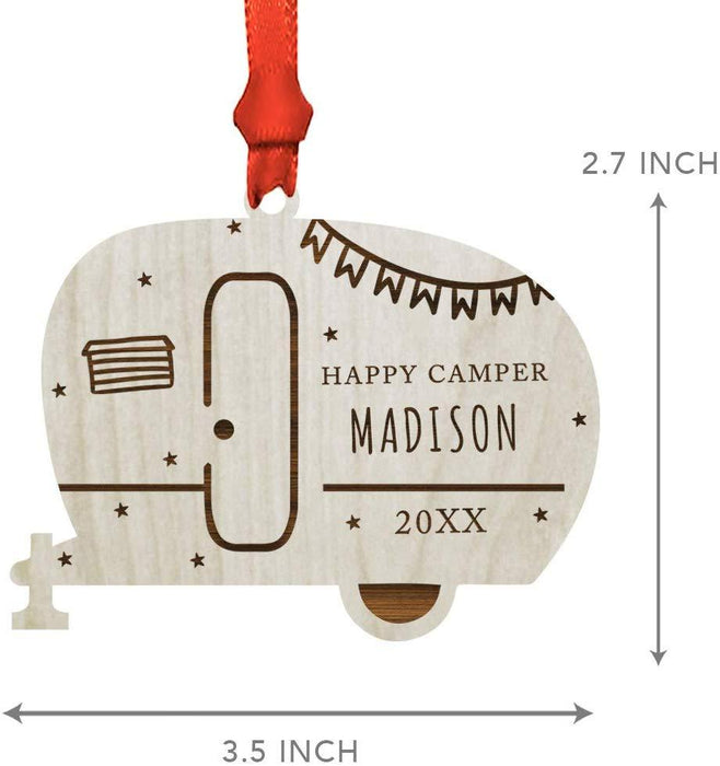Personalized Engraved Real Wood Christmas Ornament, Happy Camper Trailer with Flags-Set of 1-Andaz Press-