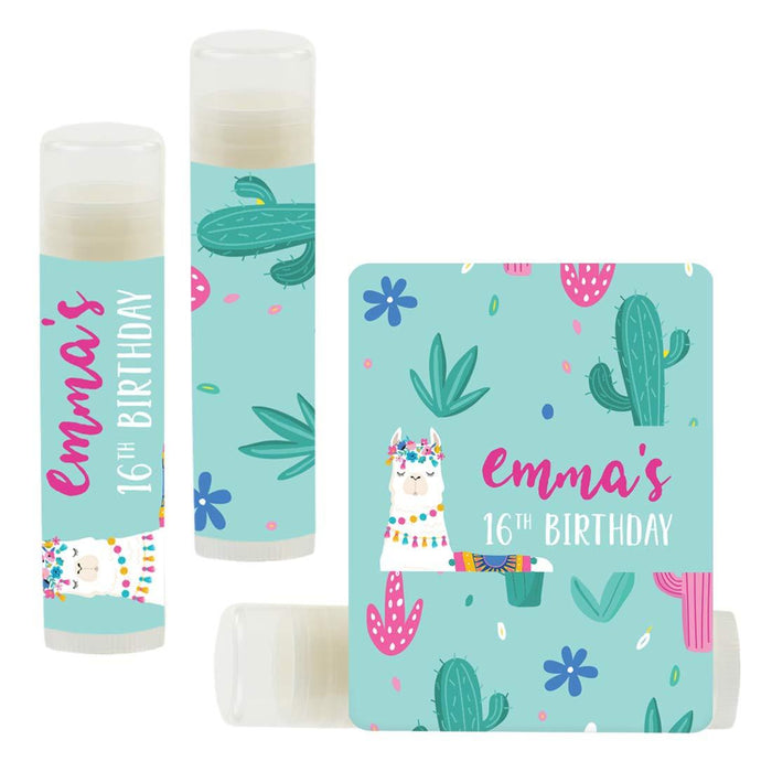 Personalized Llama and Cactus Party 16th Birthday Lip Balm Favors, Custom Name-Set of 12-Andaz Press-