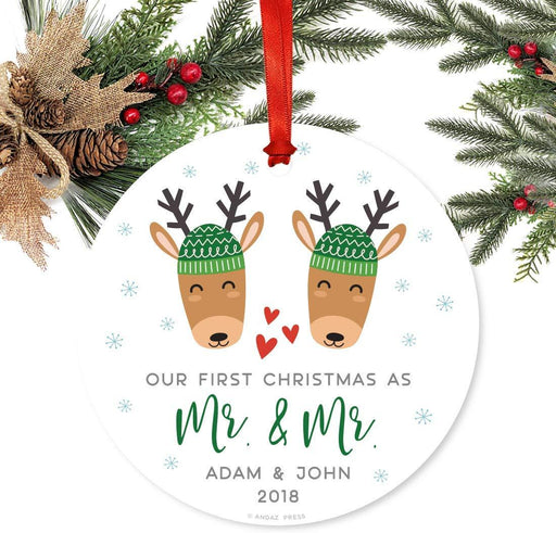 Personalized Metal Christmas Ornament, Our First Christmas as Mr. & Mr., Custom Name & Year, Holiday Reindeer Snowflakes-Set of 1-Andaz Press-