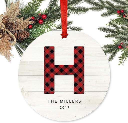 Personalized Metal Christmas Ornament, Red Plaid Monogram Letter, Custom Letter, Name and Year-Set of 1-Andaz Press-