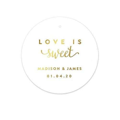 Personalized Metallic Gold Ink Love is Sweet Round Circle Wedding Gift Tags-Set of 24-Andaz Press-