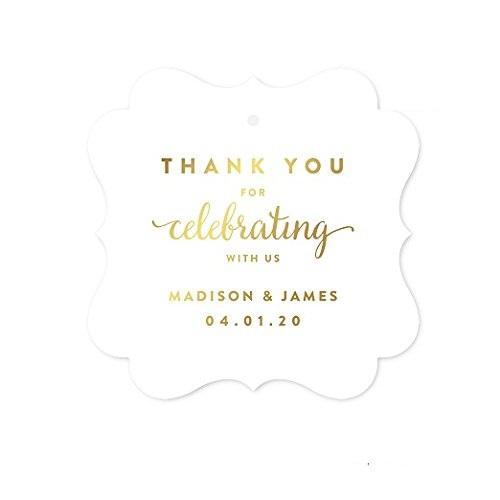 Personalized Metallic Gold Ink Thank You for Celebrating with US Fancy Frame Square Wedding Gift Tags-Set of 24-Andaz Press-