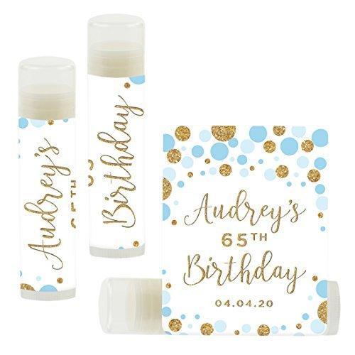 Personalized Milestone Birthday Party Lip Balm Party Favors, Custom Name and Date-Set of 12-Andaz Press-Baby Blue Faux Gold Glitter Confetti Dots-
