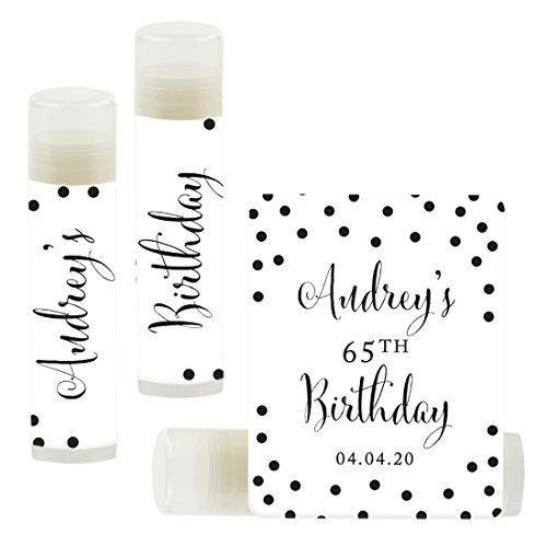Personalized Milestone Birthday Party Lip Balm Party Favors, Custom Name and Date-Set of 12-Andaz Press-Black and White Modern-
