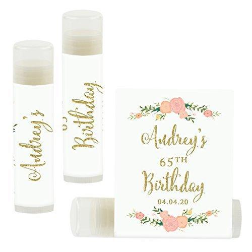 Personalized Milestone Birthday Party Lip Balm Party Favors, Custom Name and Date-Set of 12-Andaz Press-Faux Gold Glitter Print with Florals-