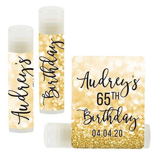 Personalized Milestone Birthday Party Lip Balm Party Favors, Custom Name and Date-Set of 12-Andaz Press-Faux Gold Glitter Shimmer-