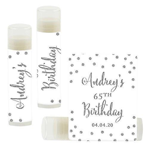 Personalized Milestone Birthday Party Lip Balm Party Favors, Custom Name and Date-Set of 12-Andaz Press-Faux Silver Glitter Print-