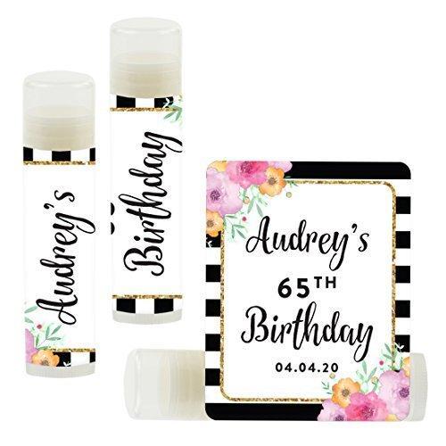 Personalized Milestone Birthday Party Lip Balm Party Favors, Custom Name and Date-Set of 12-Andaz Press-Floral Gold Glitter Print with Black White Stripes-