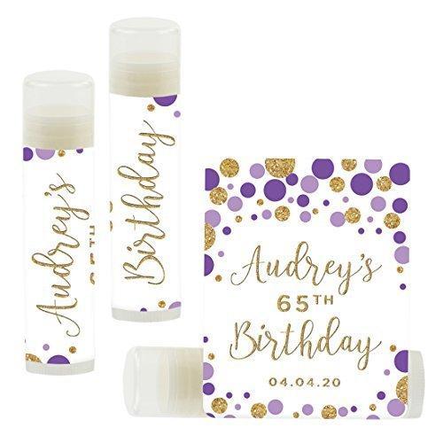 Personalized Milestone Birthday Party Lip Balm Party Favors, Custom Name and Date-Set of 12-Andaz Press-Lavender Purple Faux Gold Glitter Confetti Dots-