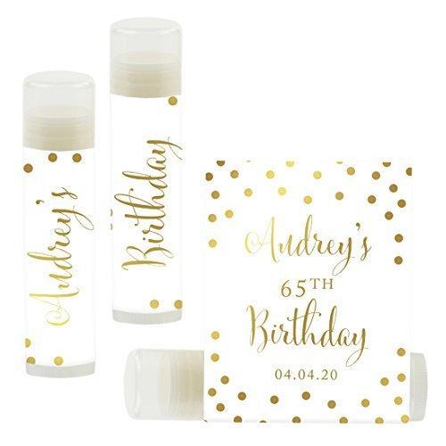 Personalized Milestone Birthday Party Lip Balm Party Favors, Custom Name and Date-Set of 12-Andaz Press-Metallic Gold Ink on White-