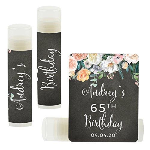 Personalized Milestone Birthday Party Lip Balm Party Favors, Custom Name and Date-Set of 12-Andaz Press-Peach Chalkboard Floral Garden Party-
