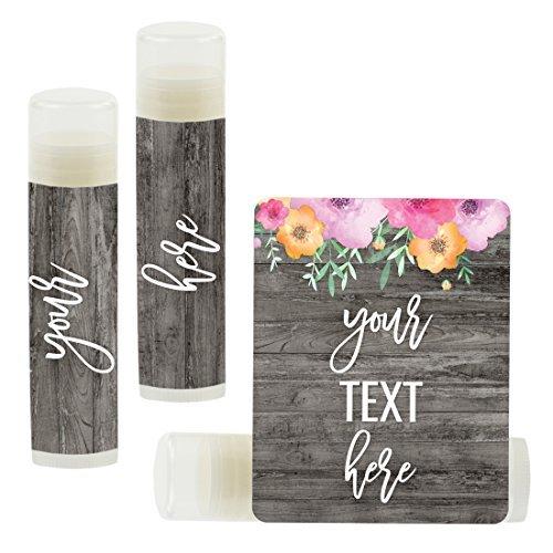 Personalized Party Lip Balm Favors, Florals on Gray Rustic Wood, Your Text Here-Set of 12-Andaz Press-