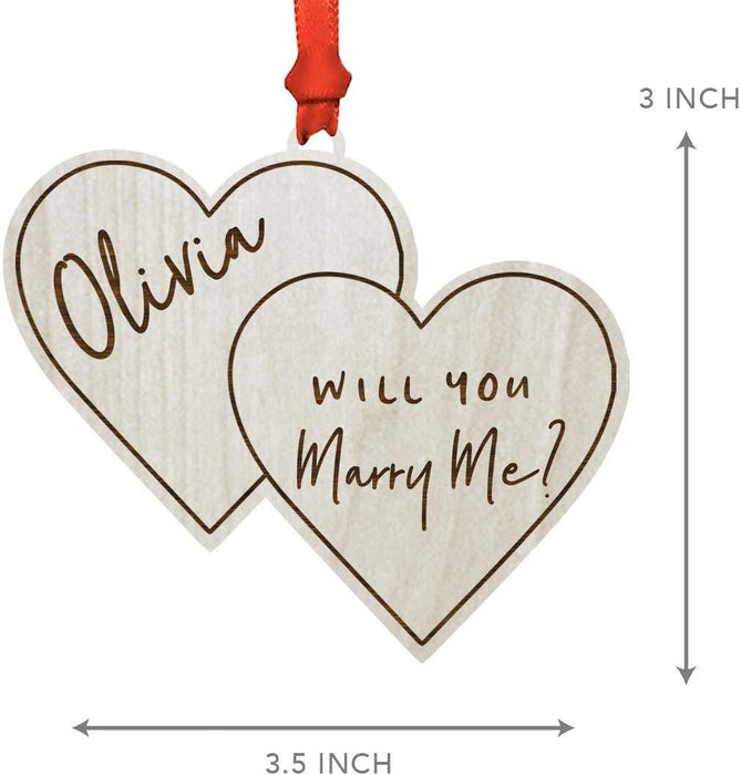 Personalized Real Wood Rustic Christmas Ornament, Double Hearts, Olivia, Will You Marry Me?-Set of 1-Andaz Press-