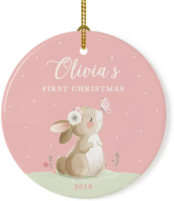 Personalized Round Porcelain Christmas Ornament, Bunny Rabbit Blush Pink Mint, Custom Name and Year-Set of 1-Andaz Press-First Christmas-