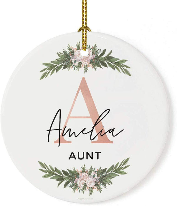 Personalized Round Porcelain Christmas Tree Ornament, Monogram Letter with Custom Name-Set of 1-Andaz Press-Aunt-