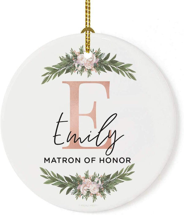 Personalized Round Porcelain Christmas Tree Ornament, Monogram Letter with Custom Name-Set of 1-Andaz Press-Matron of Honor-