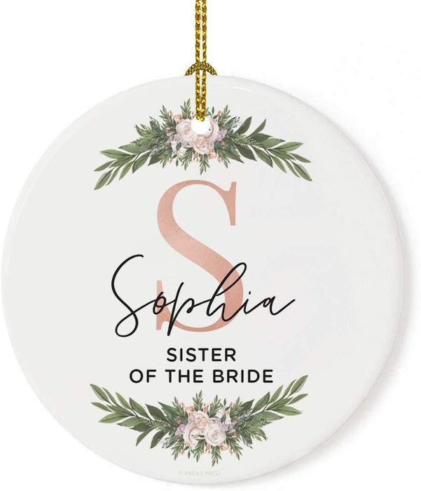 Personalized Round Porcelain Christmas Tree Ornament, Monogram Letter with Custom Name-Set of 1-Andaz Press-Sister of The Bride-