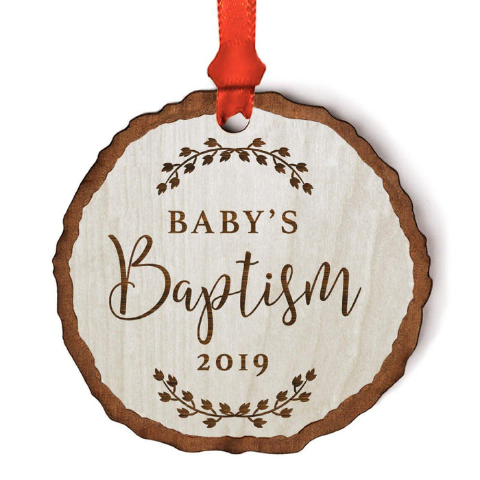 Personalized Wood Rustic Farmhouse Keepsake Christmas Ornament, Engraved Wood Slab-Set of 1-Andaz Press-Baby's Baptism-