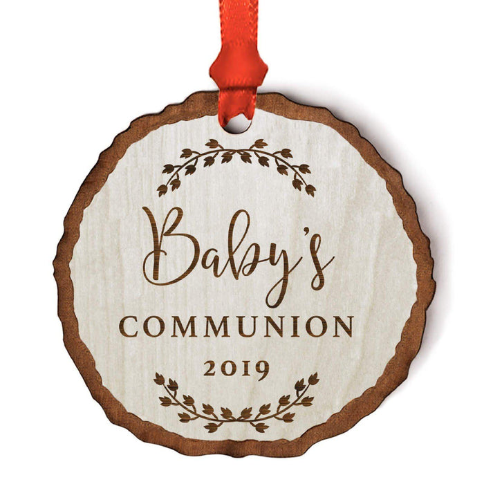 Personalized Wood Rustic Farmhouse Keepsake Christmas Ornament, Engraved Wood Slab-Set of 1-Andaz Press-Baby's Communion-