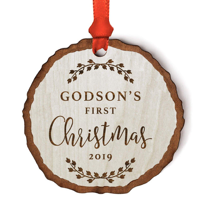 Personalized Wood Rustic Farmhouse Keepsake Christmas Ornament, Engraved Wood Slab-Set of 1-Andaz Press-Godson's 1st Christmas-