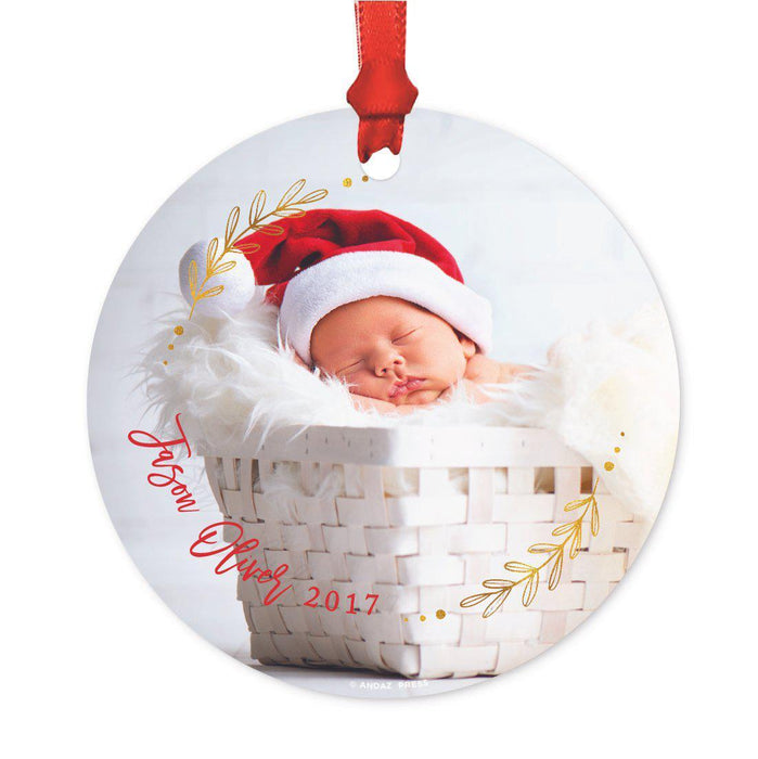Photo Custom Metal Christmas Ornament, Red Love Peace Joy, Includes Ribbon and Gift Bag-Set of 1-Andaz Press-Golden Holiday-
