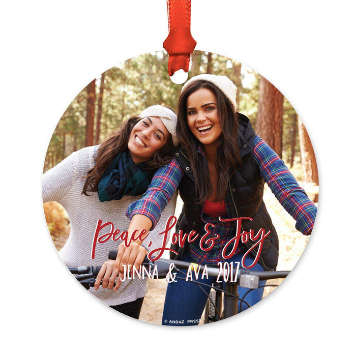 Photo Custom Metal Christmas Ornament, Red Love Peace Joy, Includes Ribbon and Gift Bag-Set of 1-Andaz Press-Peace Love-
