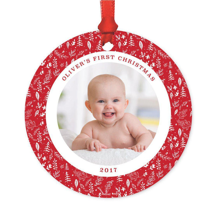 Photo Custom Metal Christmas Ornament, Red Love Peace Joy, Includes Ribbon and Gift Bag-Set of 1-Andaz Press-Red Holiday-