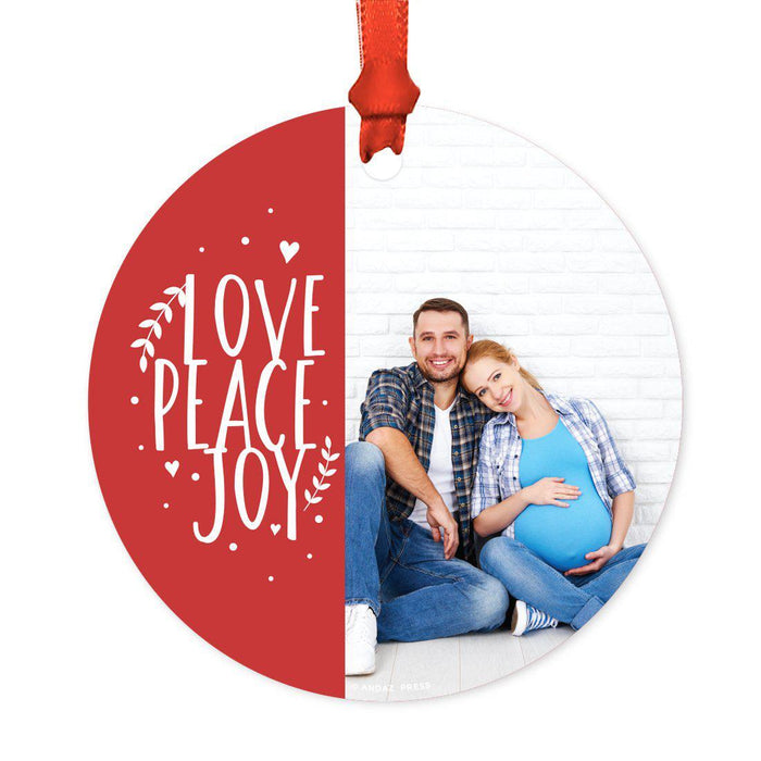 Photo Custom Metal Christmas Ornament, Red Love Peace Joy, Includes Ribbon and Gift Bag-Set of 1-Andaz Press-Red Love-