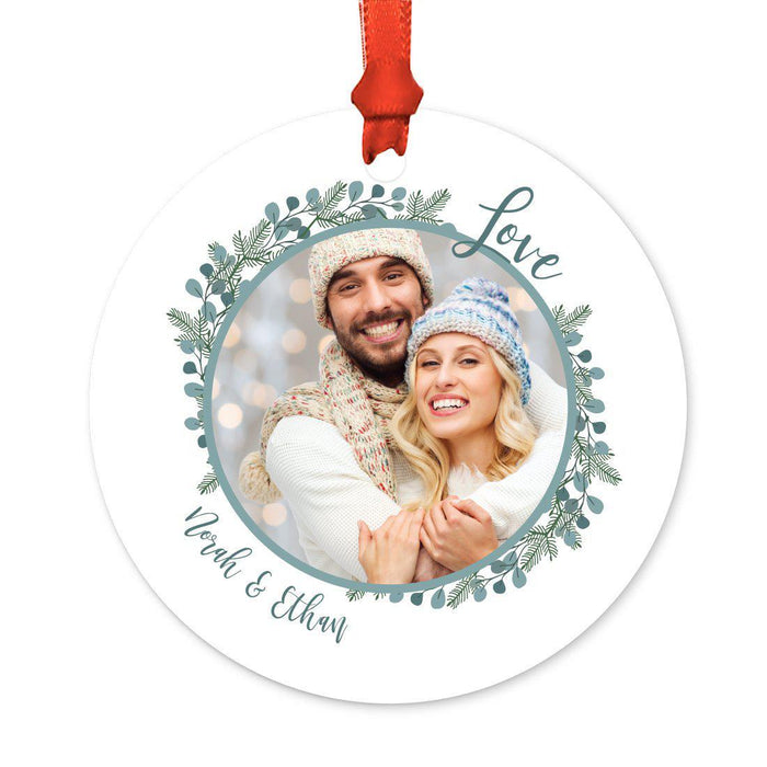Photo Custom Metal Christmas Ornament, Red Love Peace Joy, Includes Ribbon and Gift Bag-Set of 1-Andaz Press-Stylistic Love Green-
