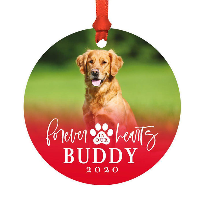 Photo Personalized Round Metal Christmas Dog Ornament Keepsake, Pet Memorial Ideas-Set of 1-Andaz Press-Forever In Our Hearts-