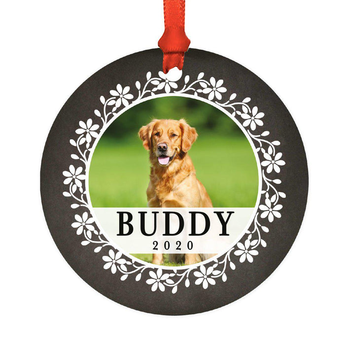 Photo Personalized Round Metal Christmas Dog Ornament Keepsake, Pet Memorial Ideas-Set of 1-Andaz Press-White Floral Wreath-