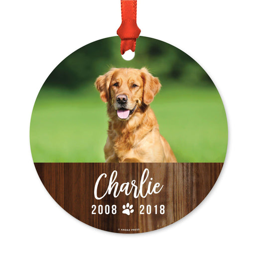 Photo Personalized Rustic Wood Memorial Pet Round Metal Christmas Ornament, Custom Name-Set of 1-Andaz Press-