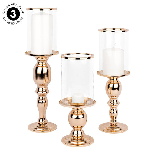 Pillar Candle Holders With Hurricane Glass Set-Set of 3-Koyal Wholesale-Copper-