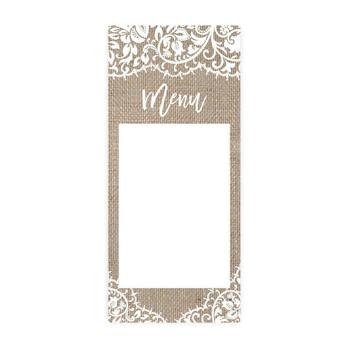 Printable Wedding Paper Menu Cards for DIY Printer for Dinner Table Place Settings Design 1-Set of 52-Andaz Press-Rustic Burlap and Lace-