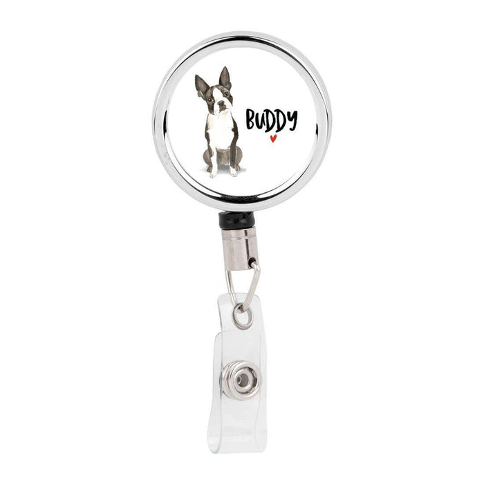 Retractable Badge Reel Holder With Clip, Custom Name Pet Dog Lover Collection 1-Set of 1-Andaz Press-Boston Terrier-