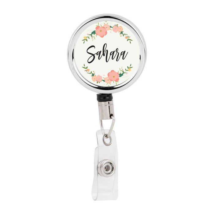 Retractable Badge Reel Holder With Clip, Custom Pink Peonies Floral Design-Set of 1-Andaz Press-Ivory Peach Flowers-