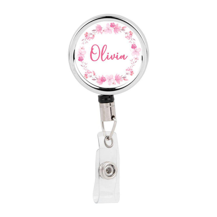 Retractable Badge Reel Holder With Clip, Custom Pink Peonies Floral Design-Set of 1-Andaz Press-Soft Pink Wreath Flowers-