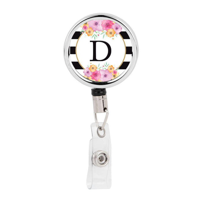Retractable Badge Reel Holder With Clip, Modern Floral Stripes Monogram-Set of 1-Andaz Press-D-