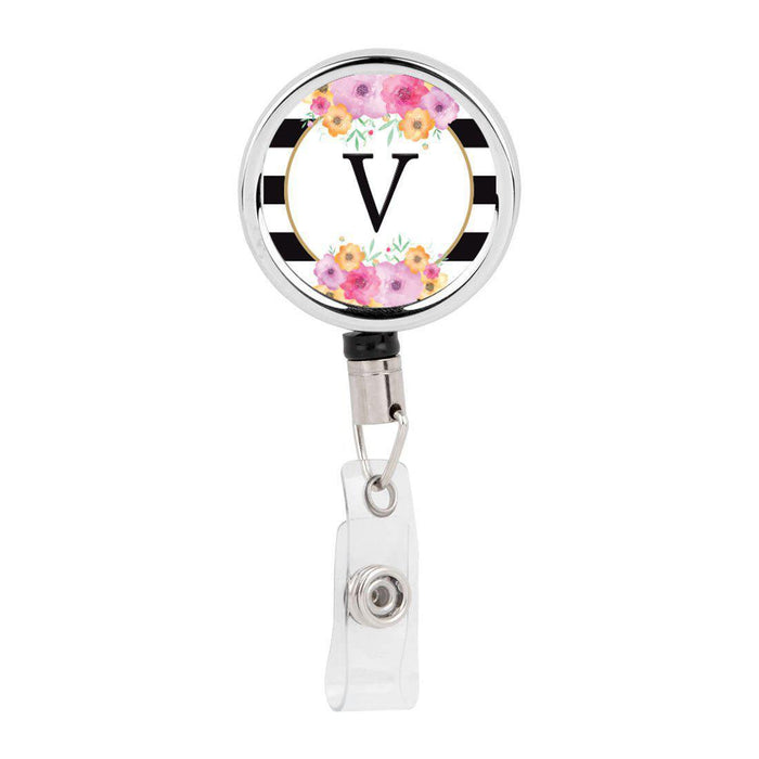 Retractable Badge Reel Holder With Clip, Modern Floral Stripes Monogram-Set of 1-Andaz Press-V-