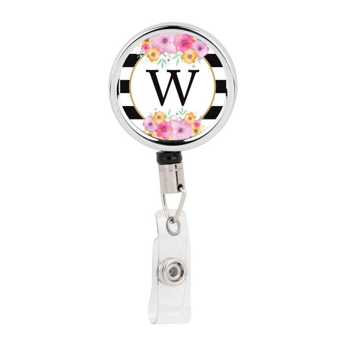 Retractable Badge Reel Holder With Clip, Modern Floral Stripes Monogram-Set of 1-Andaz Press-W-